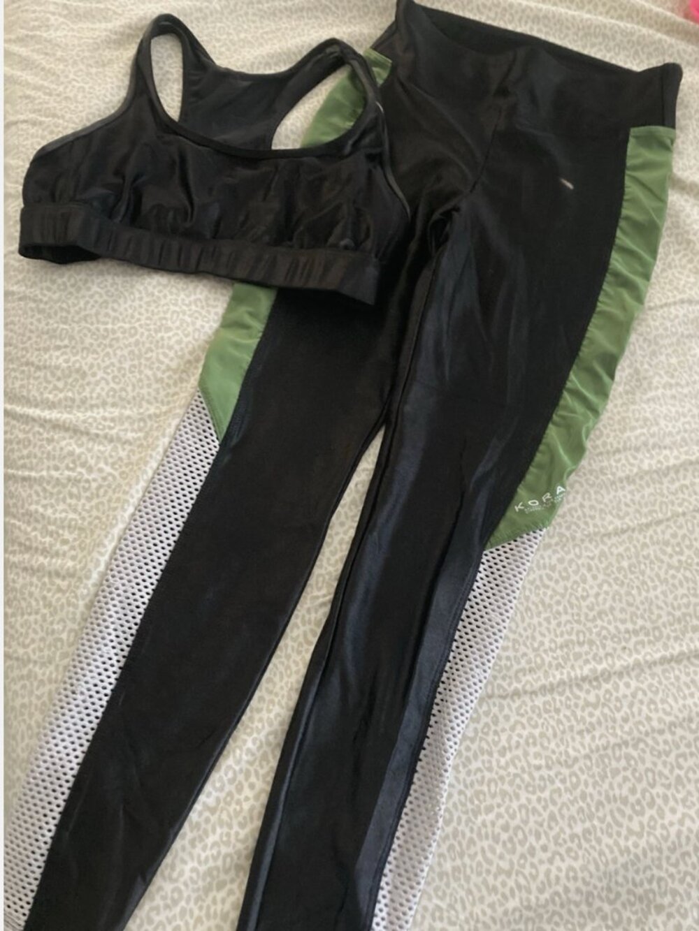 Koral 2 Pc Hi Rise Leggings & Bra Metallic Black Green / White Mesh Leg Size XS